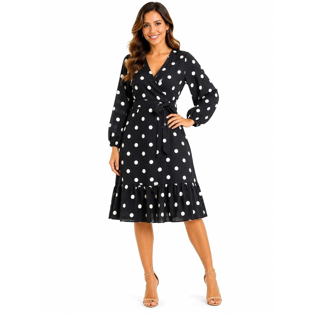 New NYC Polka Dot Wrap Midi Dress Large Long Sleeve VNeck Cotton